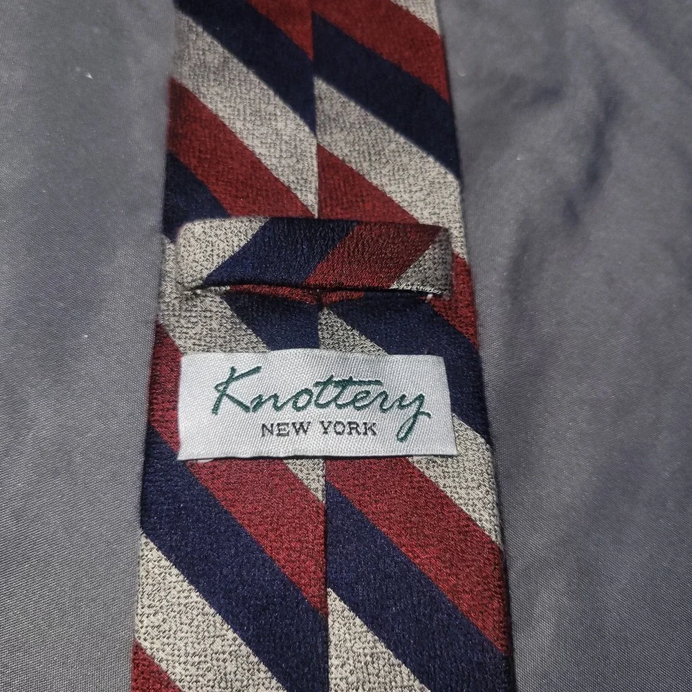 Men's Knottery New York Striped Poly Blend Neck Tie Red, Grey, Blue